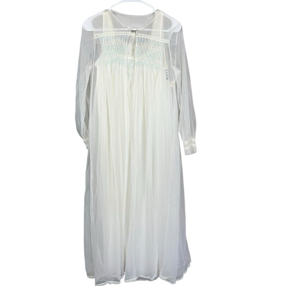 VINTAGE 60s Miss Elaine 2pc Nightgown Robe Peignoir Set Ivory Nylon Sheer Bridal - Picture 1 of 16
